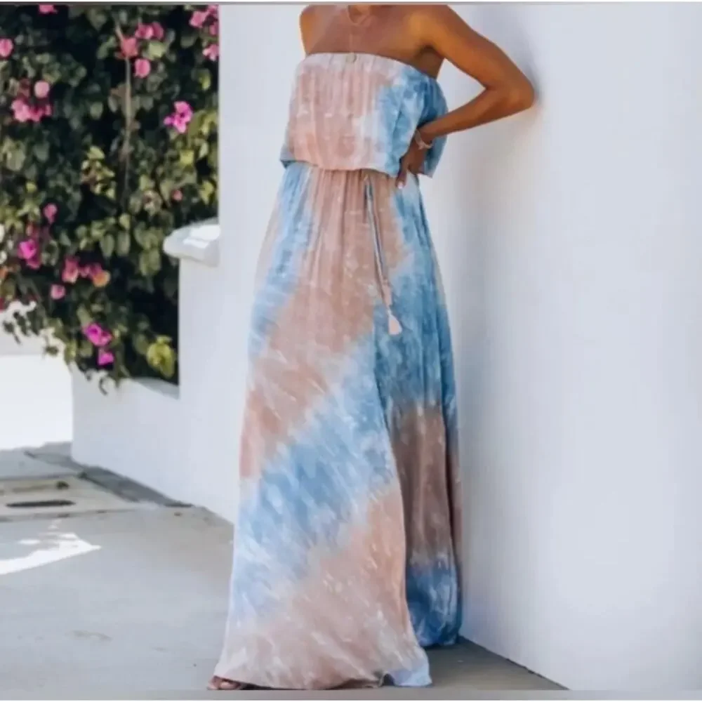Aakaa Strapless Tie Dye Blue Maxi Dress Sz S Romantic Boho Feminine Vacay Resort